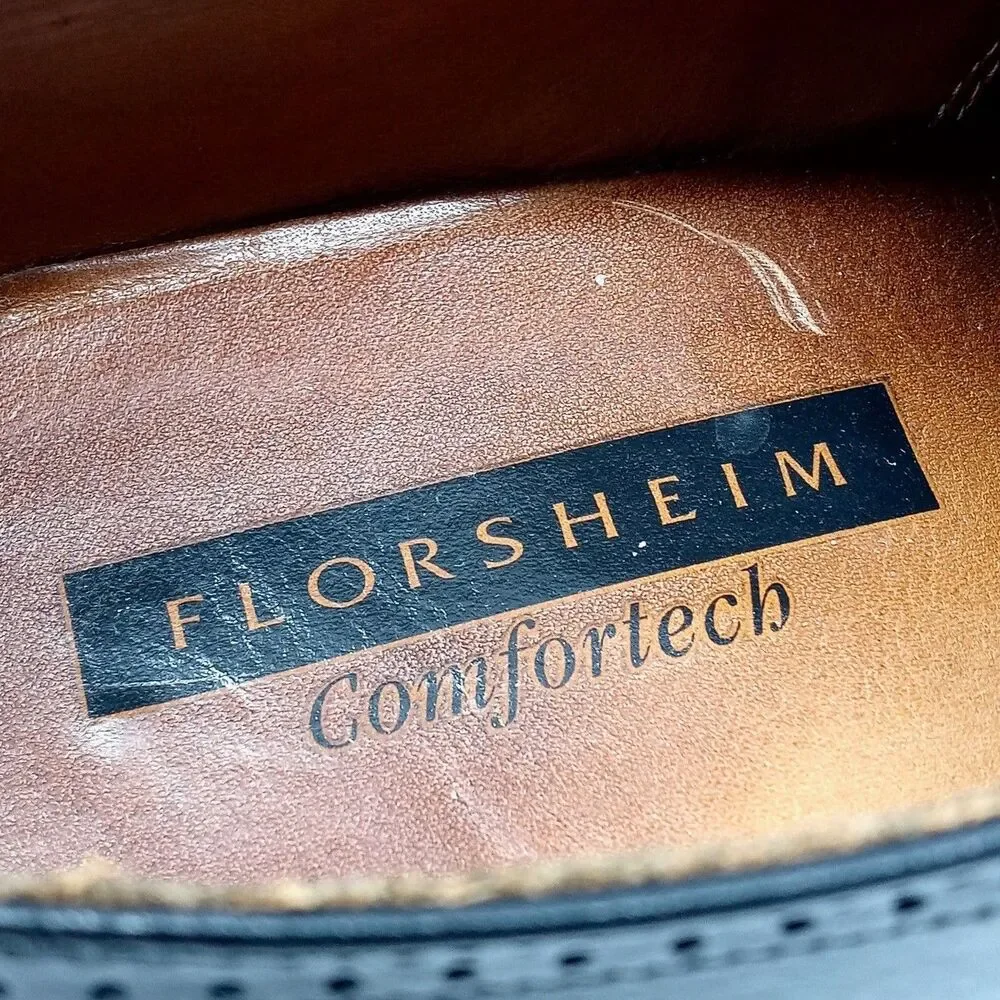 Florsheim Comfortech Wingtip Oxford Shoes Size 10 Made in USA Black Leather